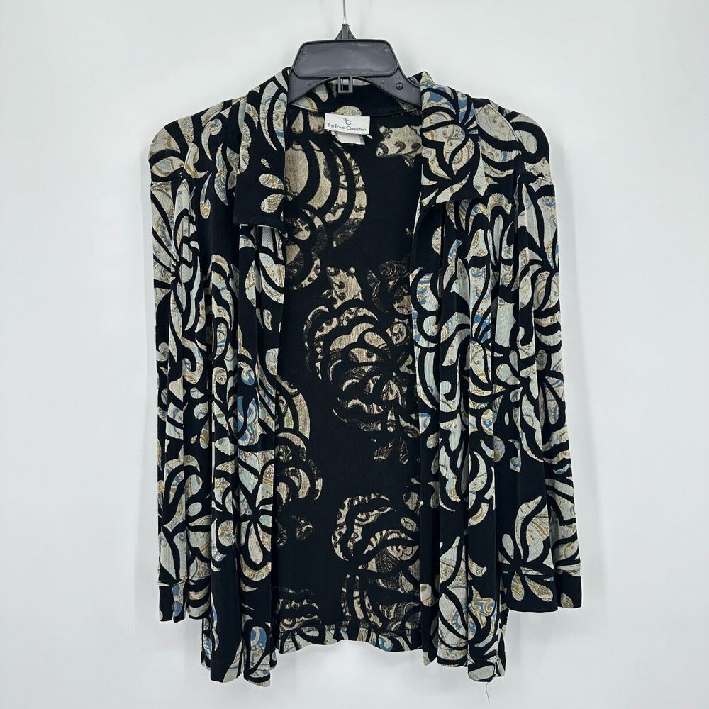 Vtg The Travel Collection Slinky Cardigan Womens L Black Green Floral Open Front